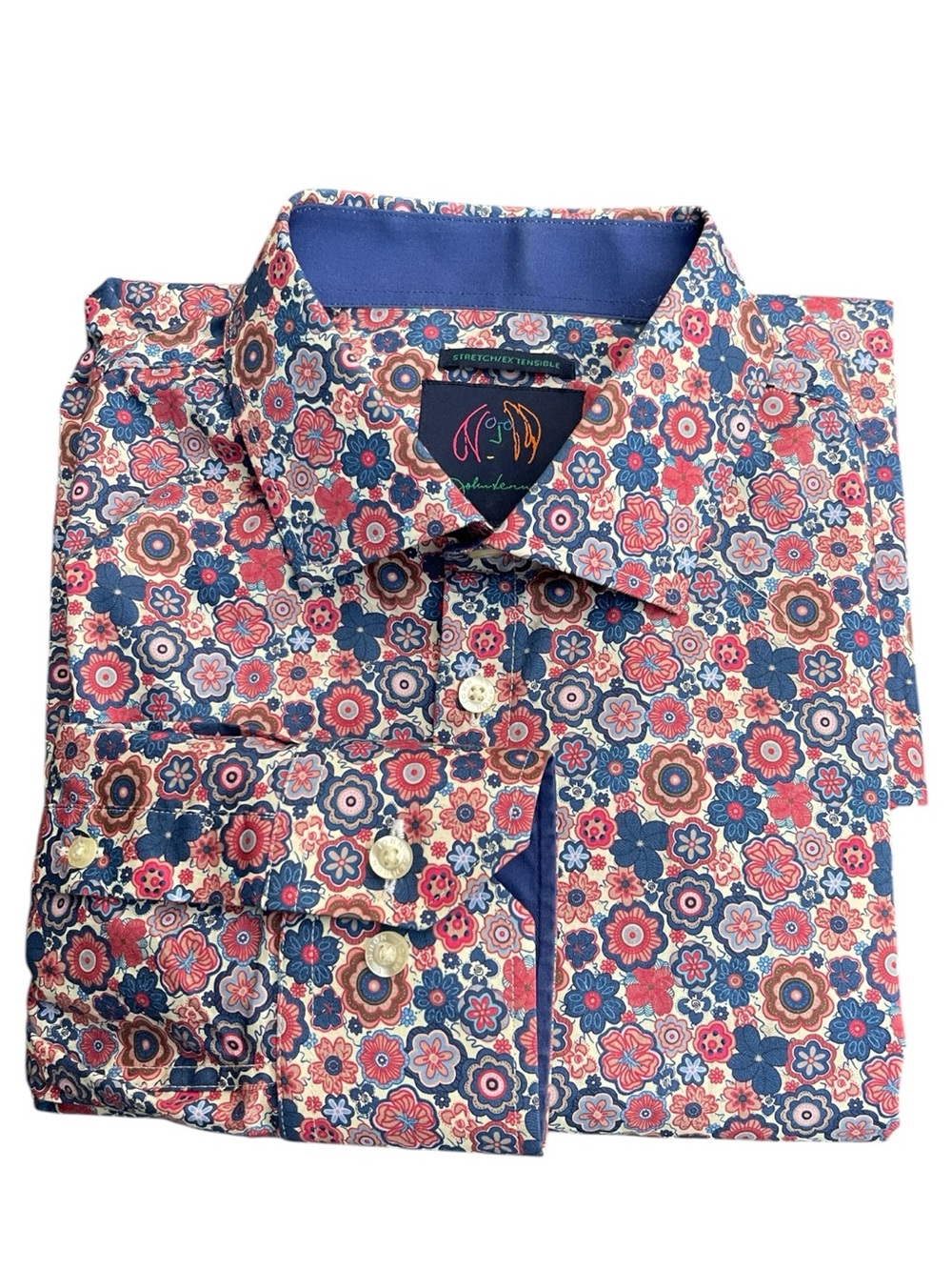 John Lennon by English Laundry Pink/Blue Floral Cotton Stretch Shirt (M)
